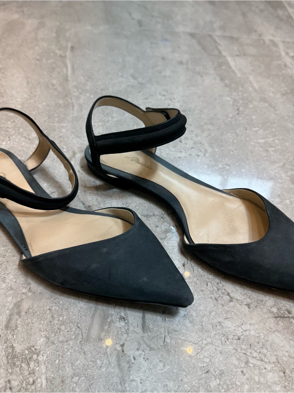 3.1 Phillip Lim Black Suede Pointed Toe Ankle Strap Flats